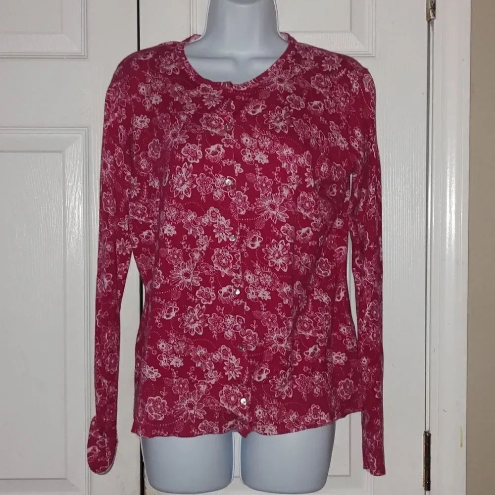 Eddie Bauer reddish pink floral print soft button down cardigan Sz M